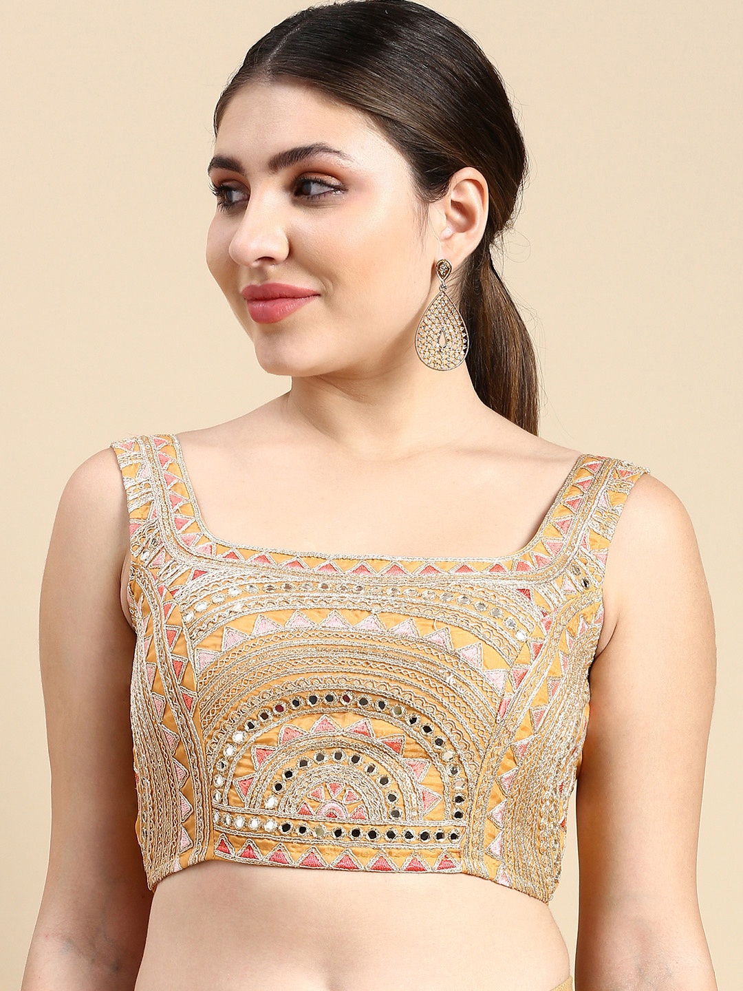 

flaher Embroidered Mirror Work Silk Padded Readymade Blouse, Mustard