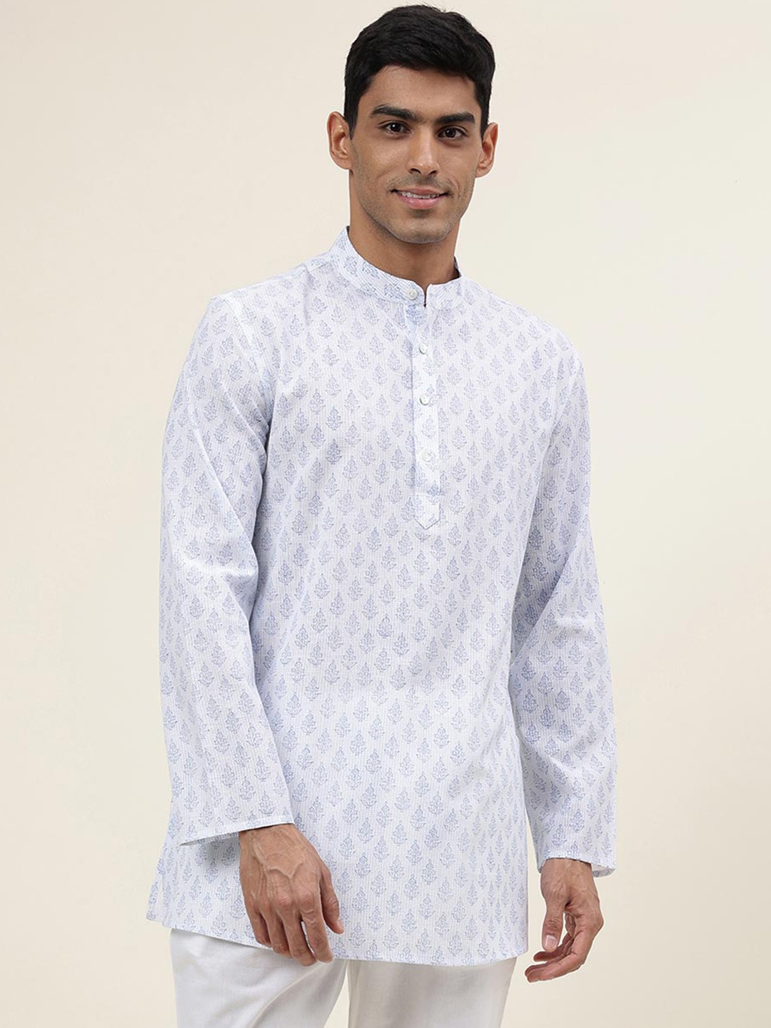 

Fabindia Ethnic Motifs Printed Mandarin Collar Short Kurta, White