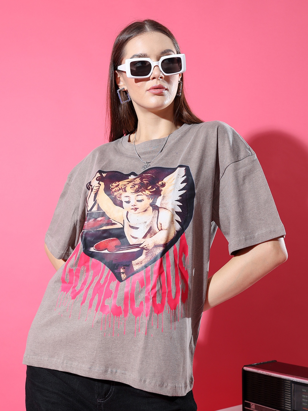 

Stylecast X Hersheinbox Printed Drop-Shoulder Sleeves Pure Cotton Relaxed Fit T-shirt, Brown