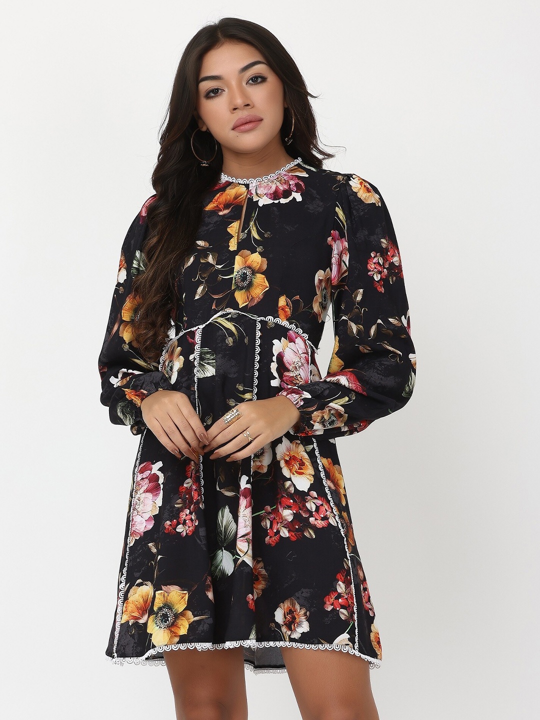 

TSM Floral Printed Puff Sleeves A-Line Dress, Black