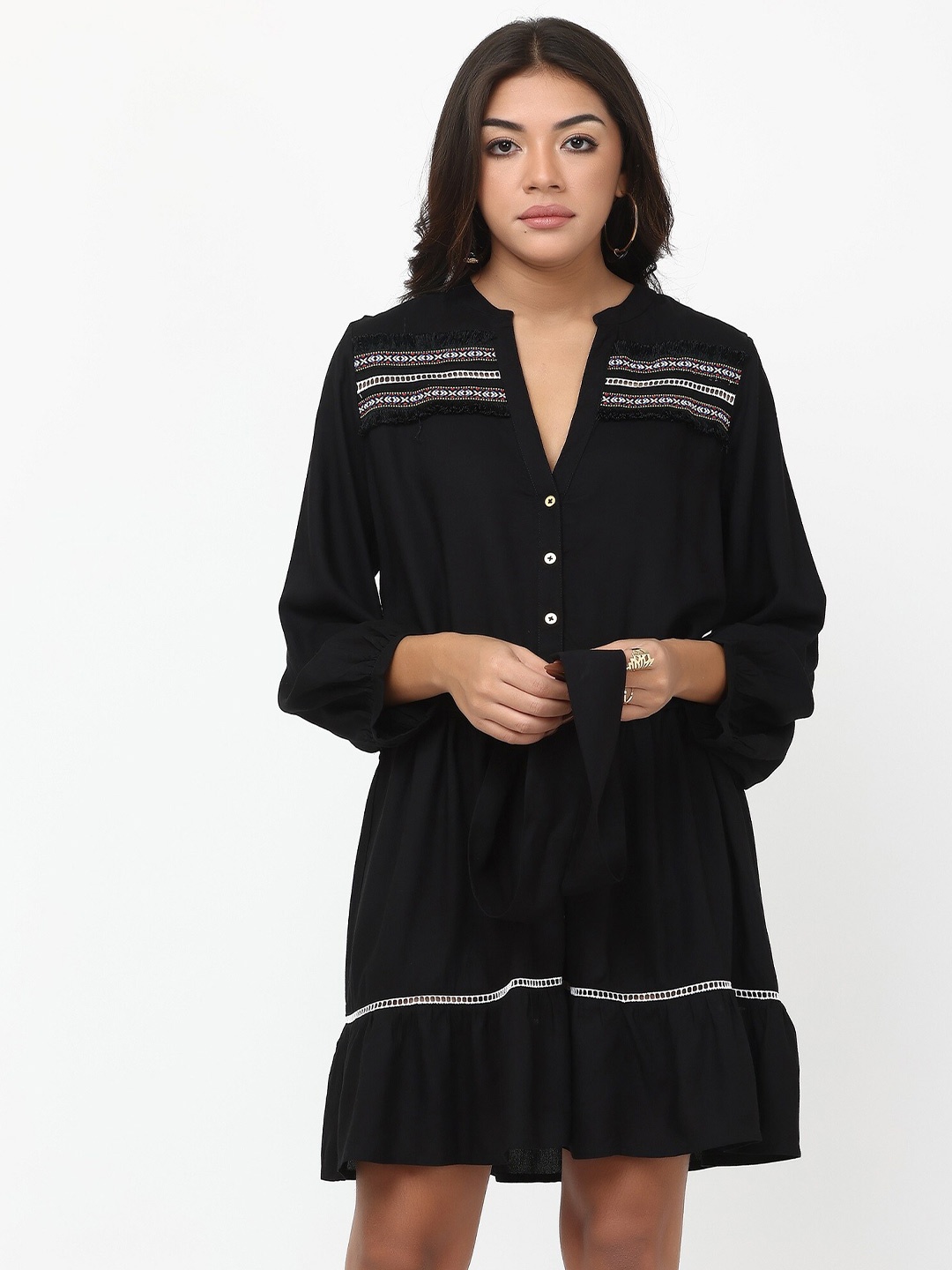 

TSM V-Neck Puff Sleeves Tie Ups A-Line Dress With Belt, Black
