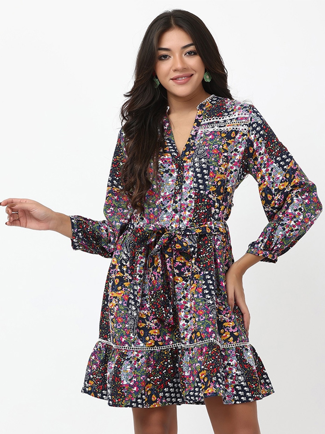 

TSM Floral Printed Tie Up A-Line Dress With Belt, Navy blue