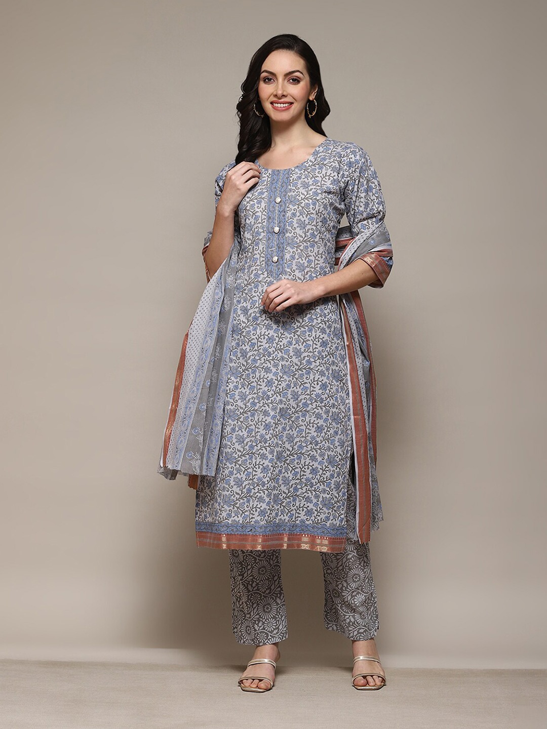 

Biba Ethnic Motifs Printed Unstitched Dress Material, Grey