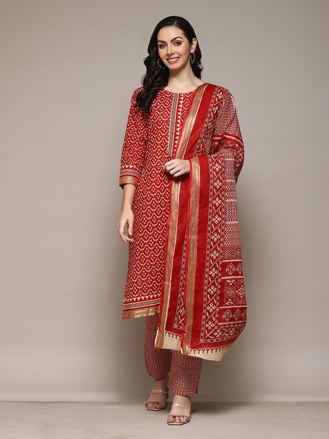 

Biba Ethnic Motif Printed Unstitched Dress Material, Red