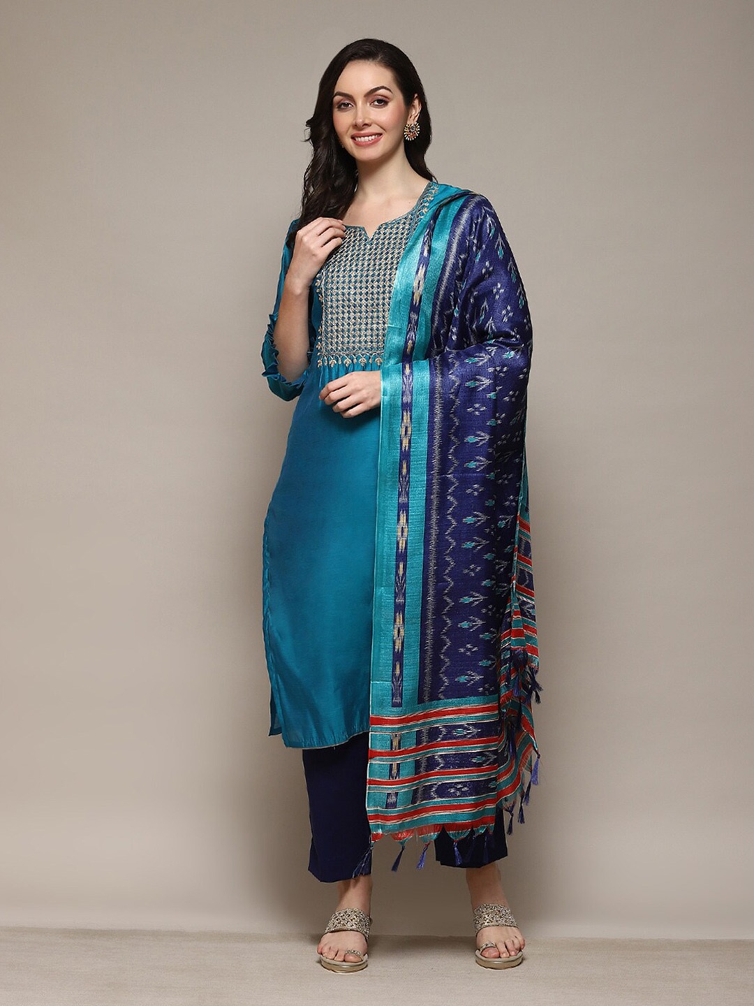 

Biba Printed Unstitched Dress Material, Blue