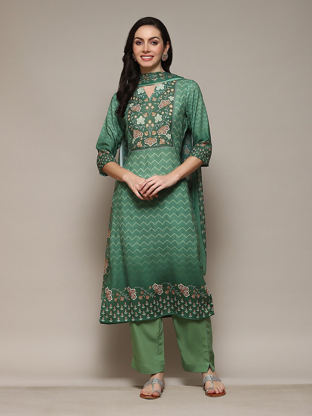 

Biba Ethnic Motif Printed Unstitched Dress Material, Green
