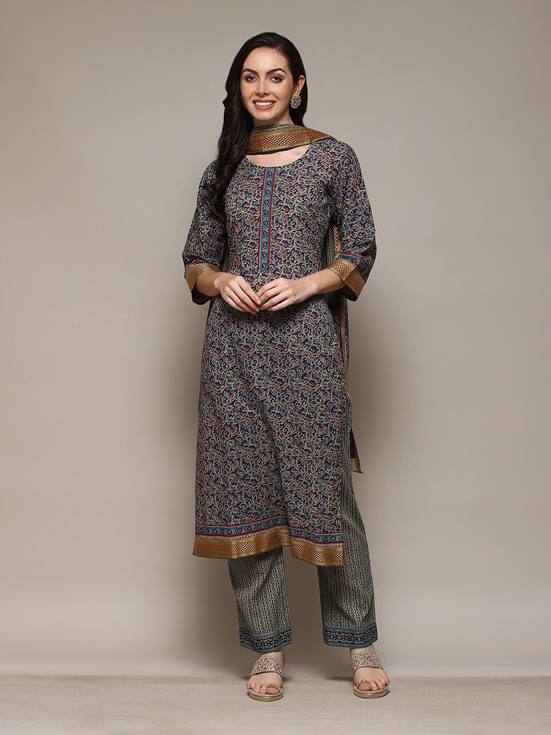 

Biba Ethnic Motif Printed Zari Unstitched Dress Material, Blue
