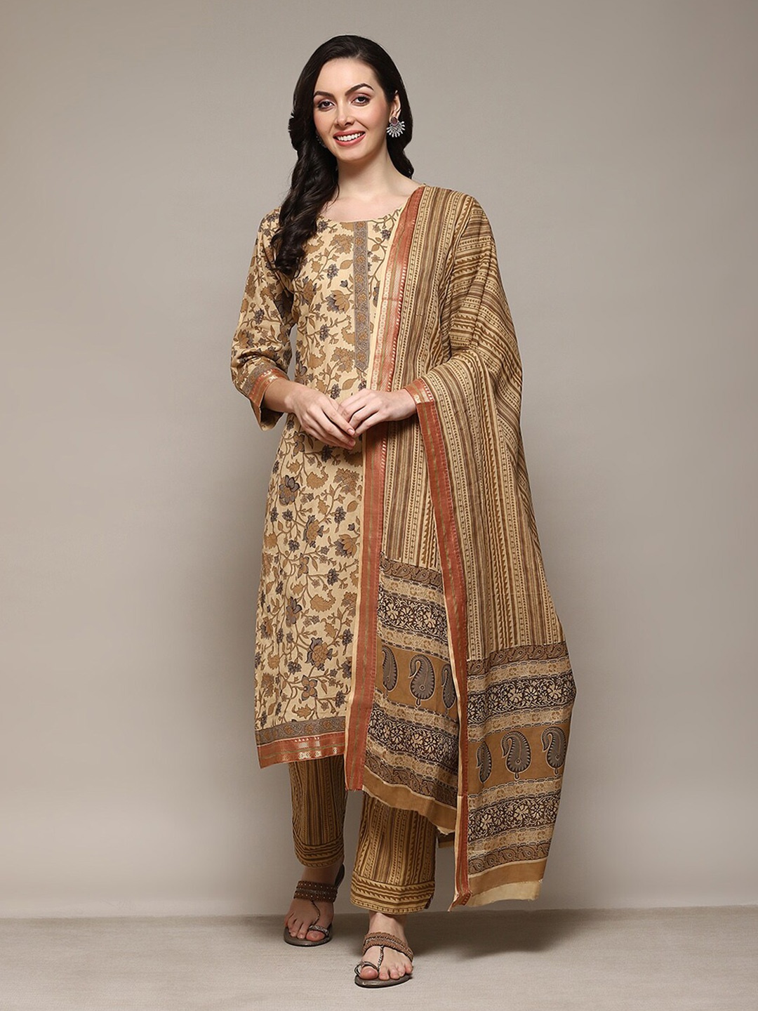 

Biba Floral Printed Unstitched Dress Material, Brown