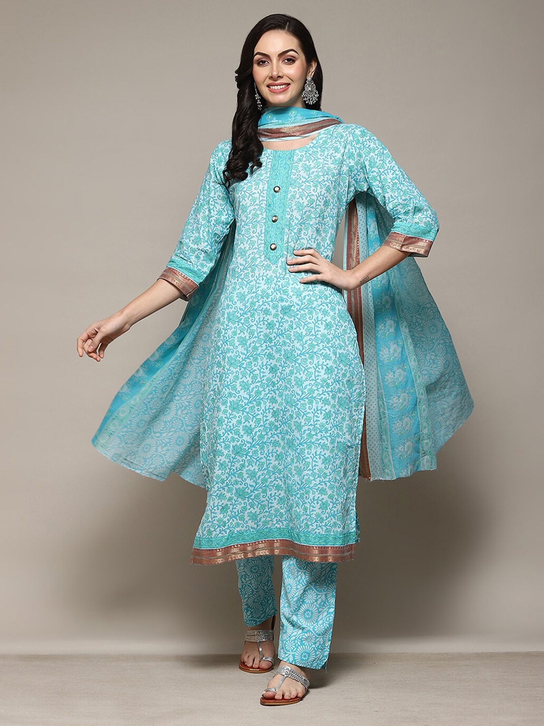 

Biba Floral Printed Zari Unstitched Dress Material, Blue