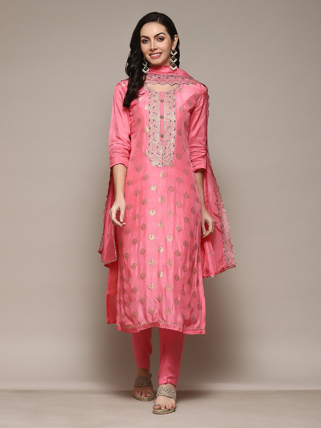 

Biba Ethnic Motifs Woven Design Zari Pure Silk Unstitched Dress Material, Pink
