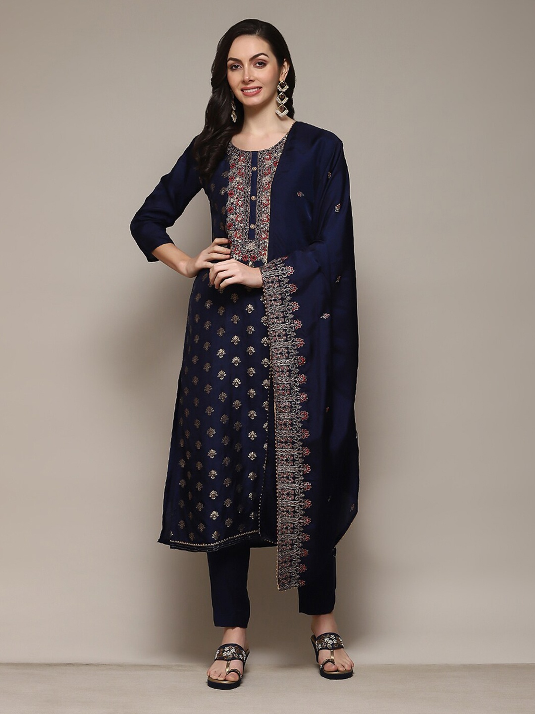 

Biba Ethnic Motifs Woven Design Zari Pure Silk Unstitched Dress Material, Blue