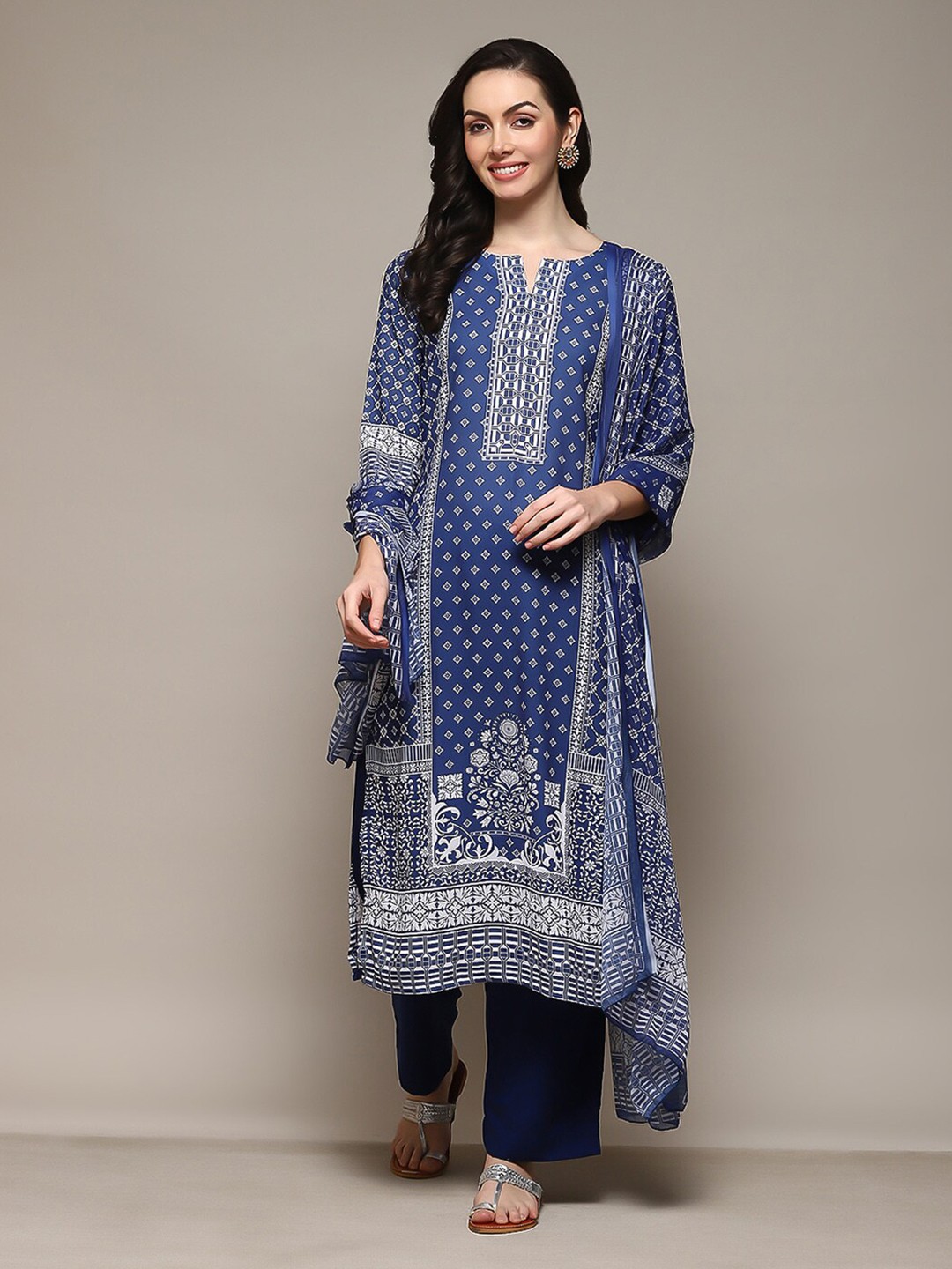 

Biba Ethnic Motifs Printed Unstitched Dress Material, Navy blue