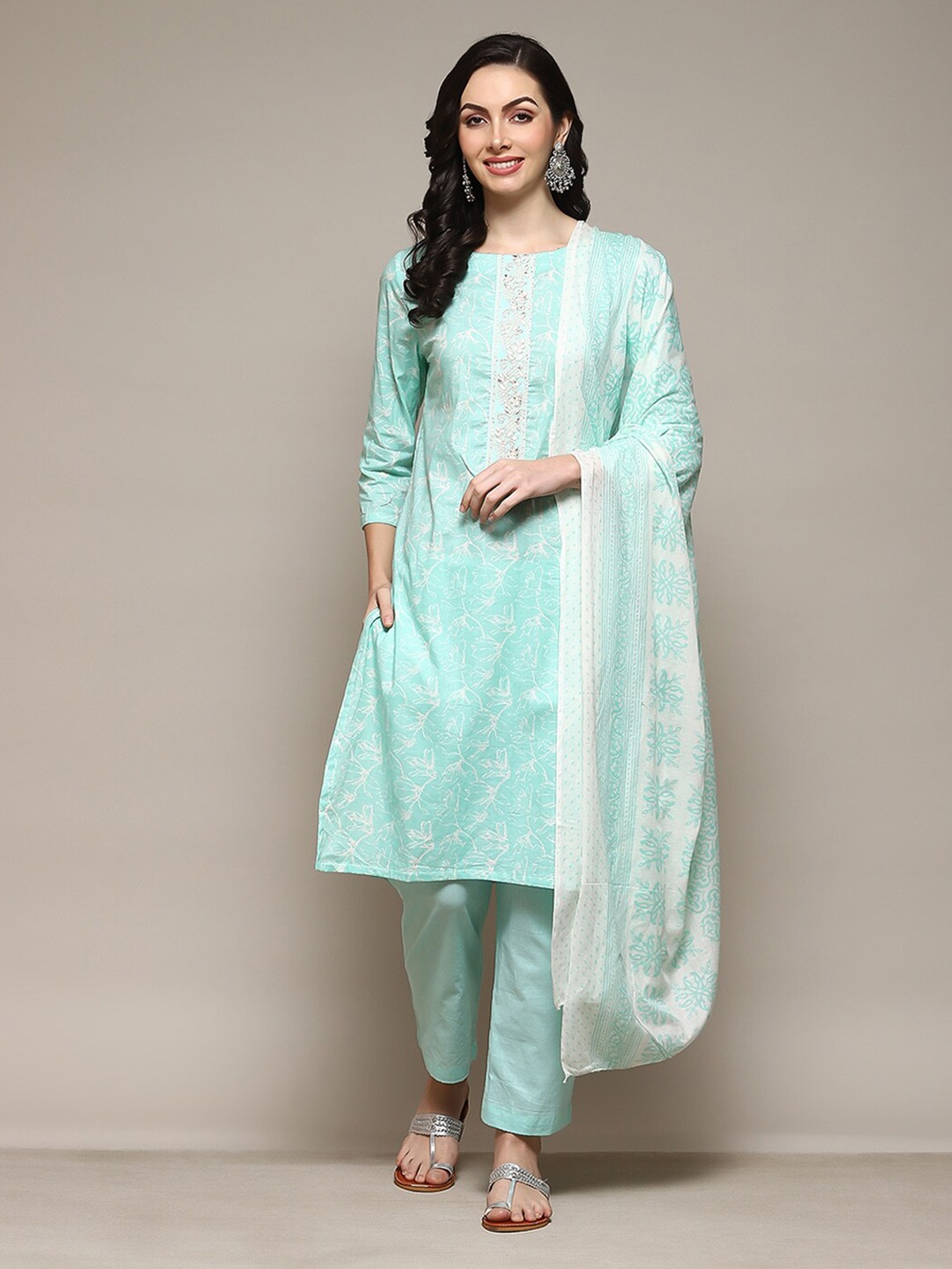 

Biba Printed Zari Detail Unstitched Dress Material, Green