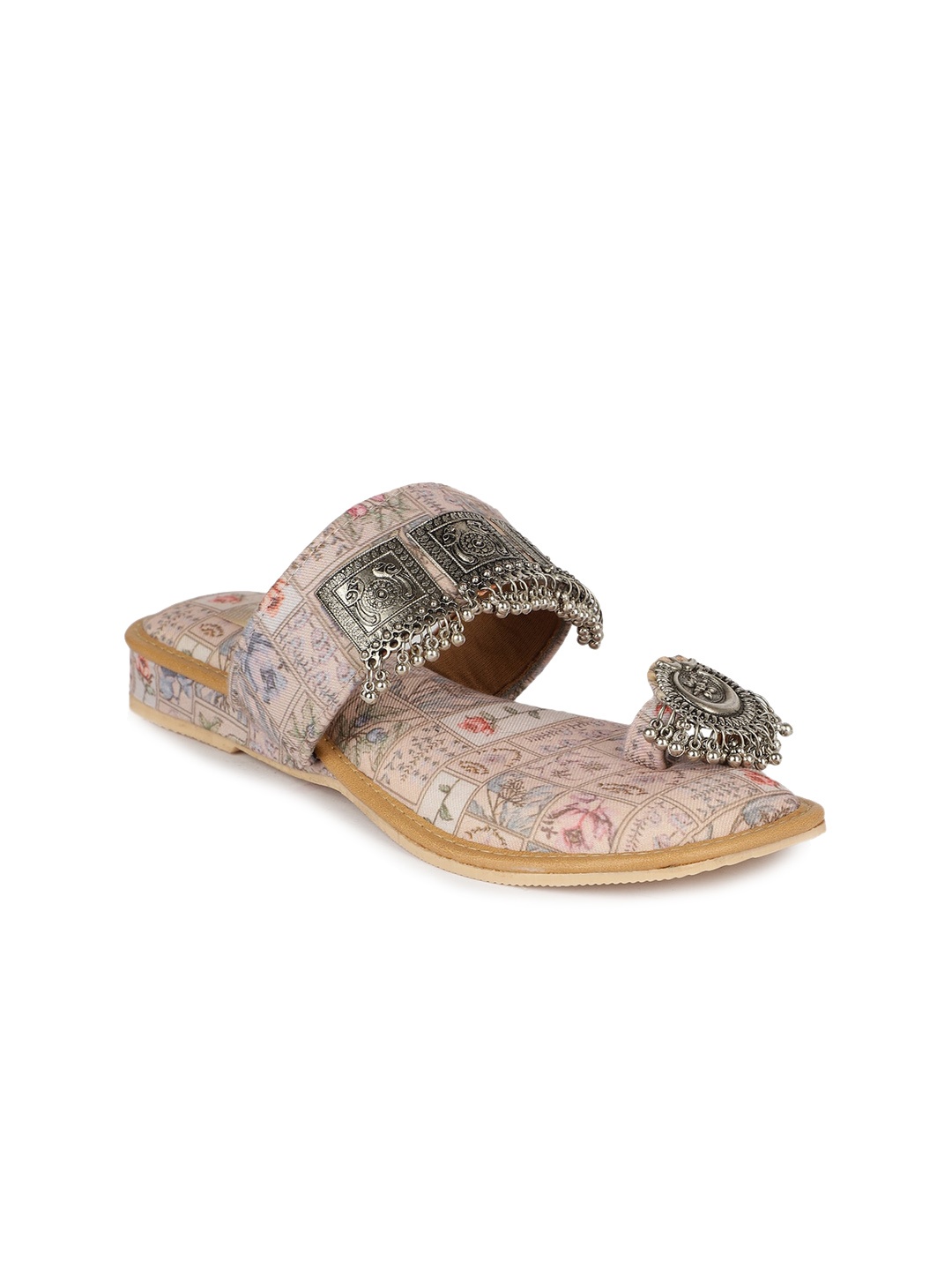 

The Desi Dulhan Printed Ethnic Embellished Fabric One Toe Flats, Beige