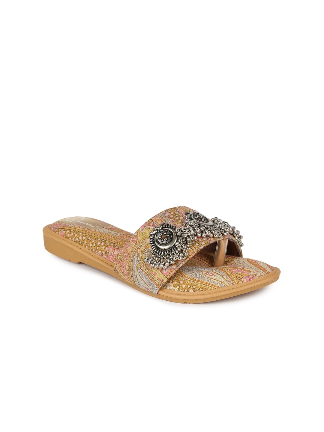 

The Desi Dulhan Printed Embellished Open Toe Flats, Yellow