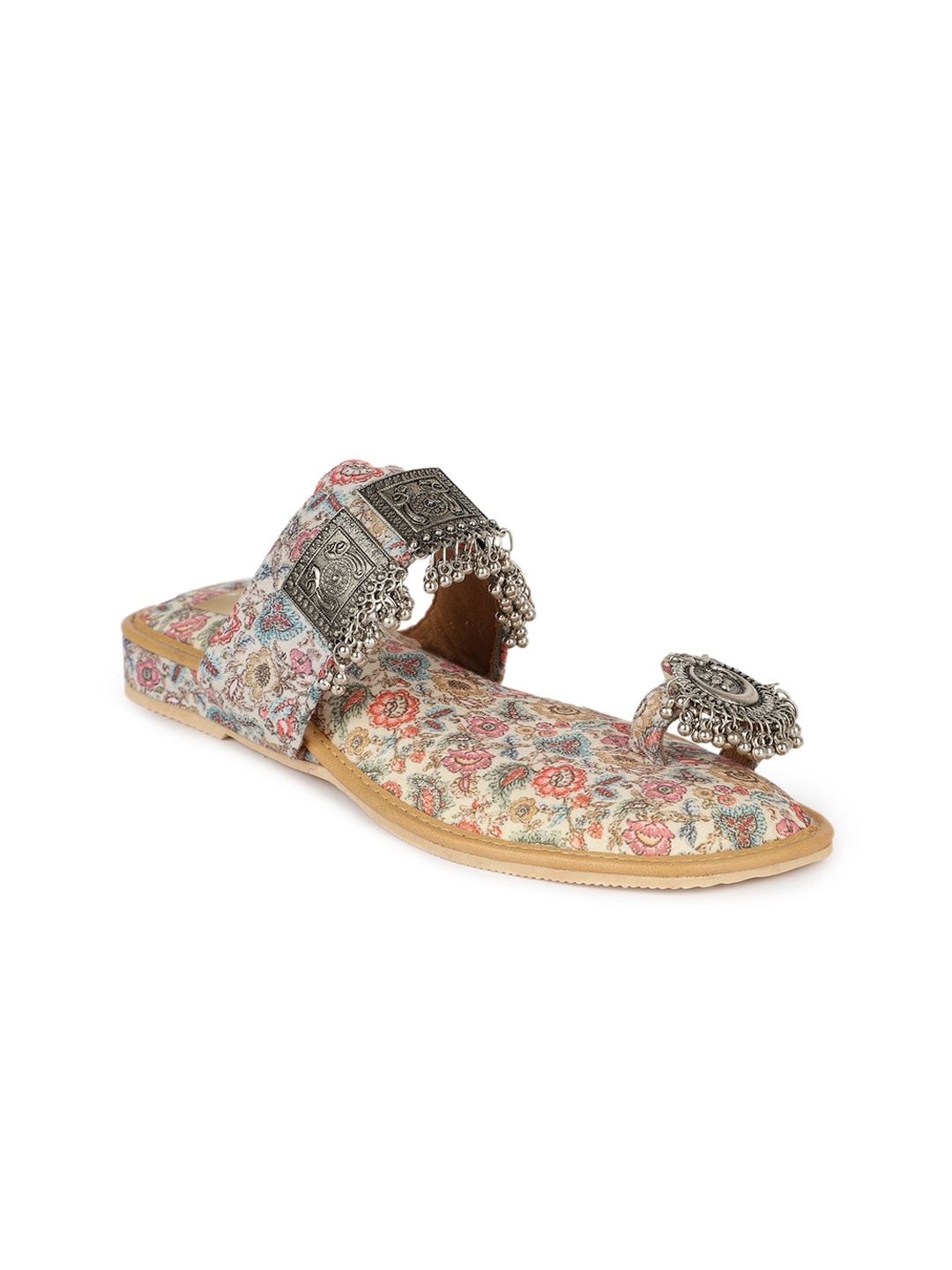 

The Desi Dulhan Printed Ethnic Embellished Fabric One Toe Flats, Beige