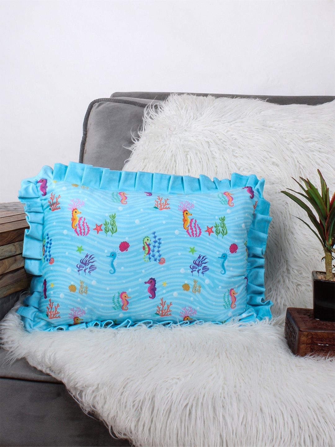

STITCHNEST Blue Graphic Velvet Rectangle Cushion Cover