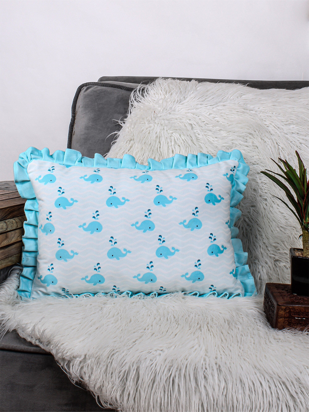 

STITCHNEST White & Blue Quirky Velvet Rectangle Cushion Cover