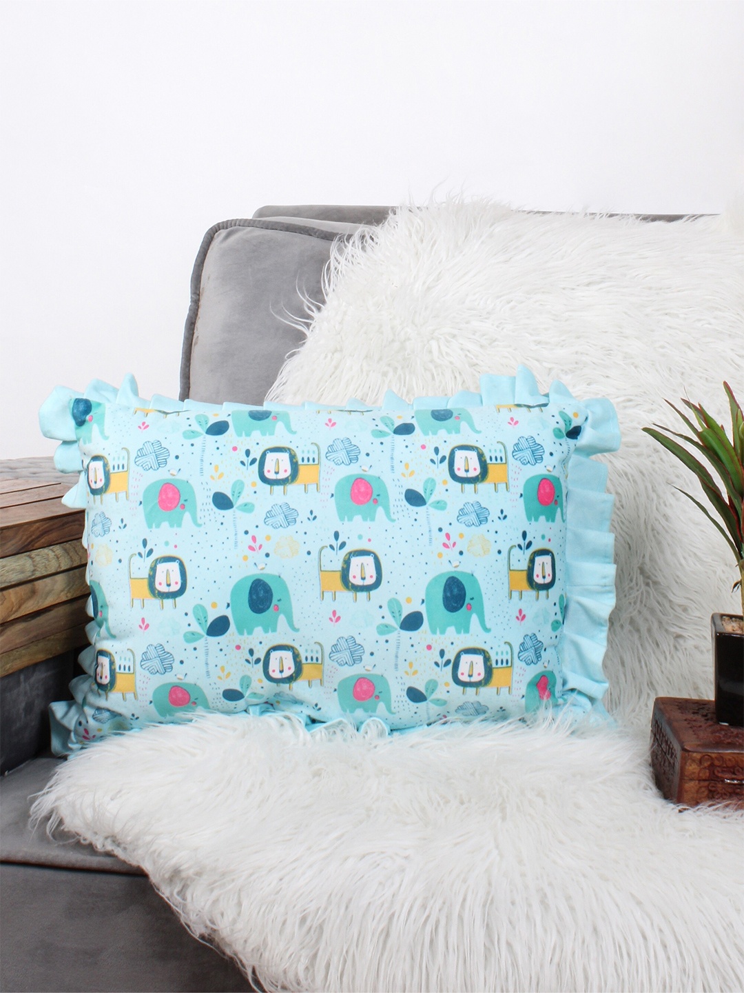 

STITCHNEST Turquoise Blue & Pink Graphic Velvet Rectangle Cushion Cover