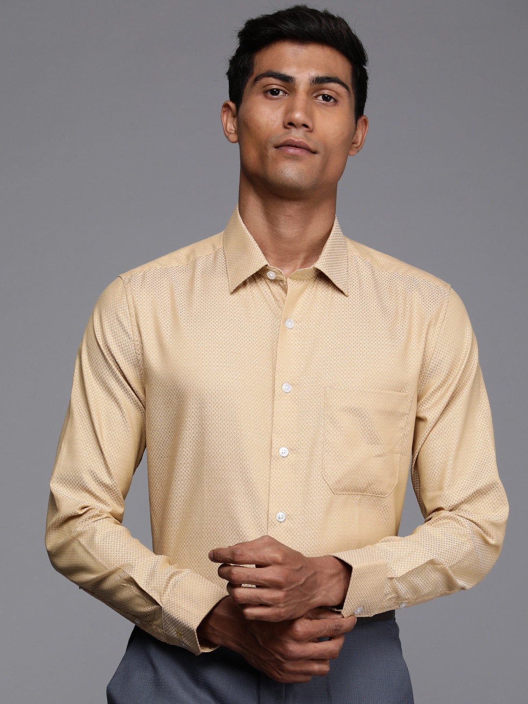 

Louis Philippe Slim Fit Textured Pure Cotton Formal Shirt, Beige