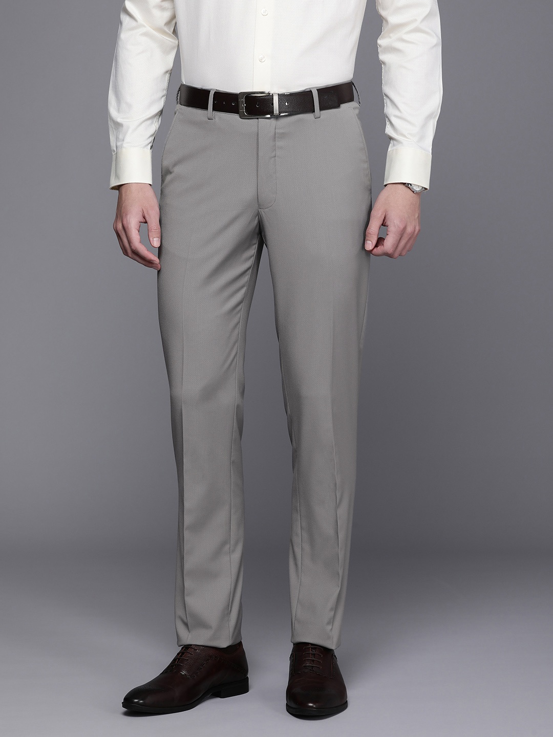 

Louis Philippe Men Textured Slim Fit Mid-Rise Formal Trousers, Grey