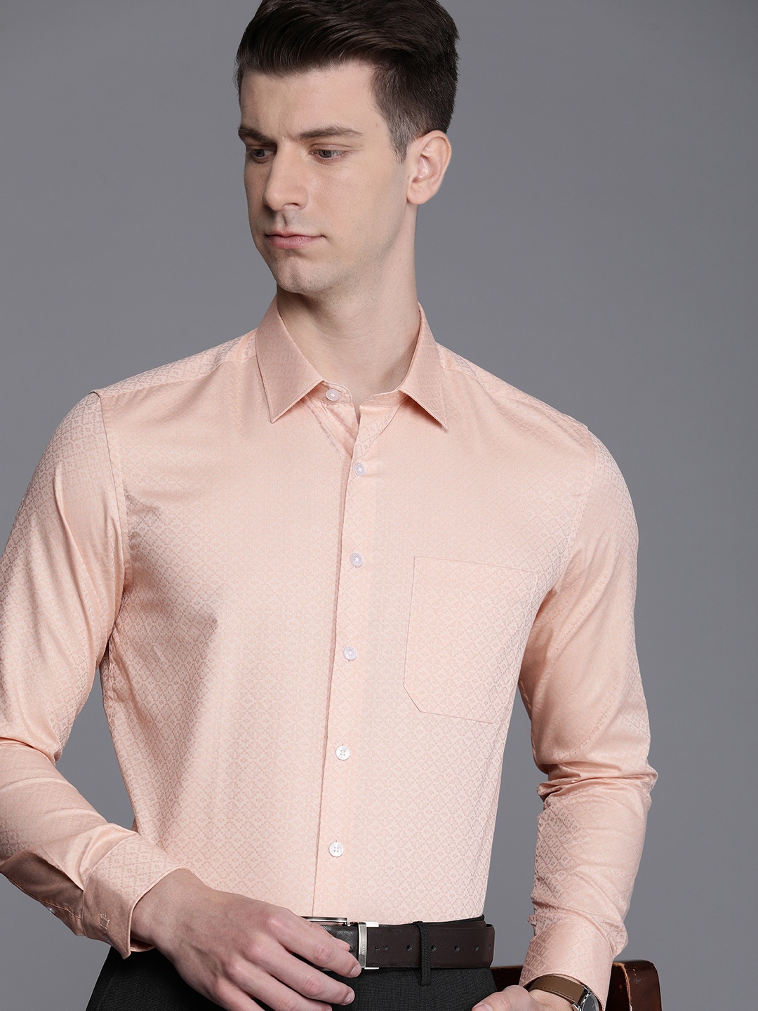 

Louis Philippe Pure Cotton Self Design Slim Fit Textured Formal Shirt, Peach