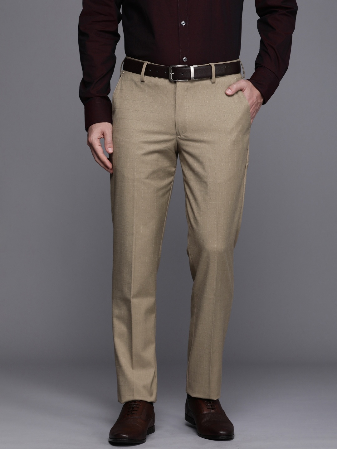 

Louis Philippe Men Self Design Checked Slim Fit Formal Trousers, Beige