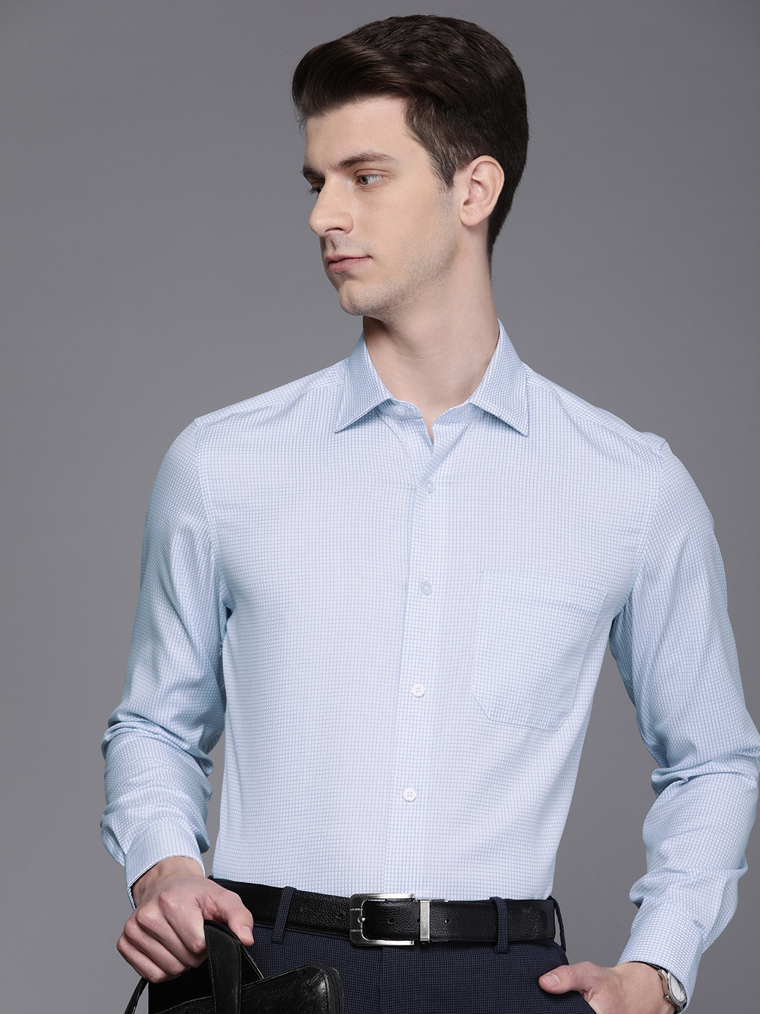 

Louis Philippe Pure Cotton Self Checked Classic Formal Shirt, Blue