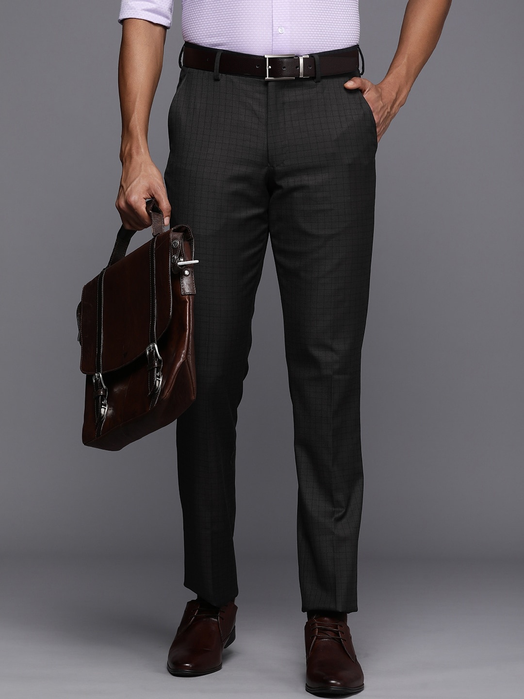 

Louis Philippe Men Checked Slim Fit Formal Trousers, Charcoal