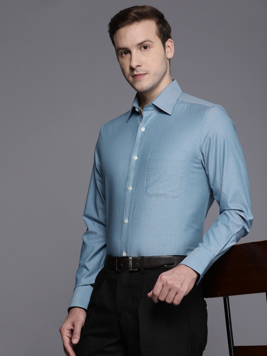 

Louis Philippe Classic Fit Micro Checked Pure Cotton Formal Shirt, Turquoise blue