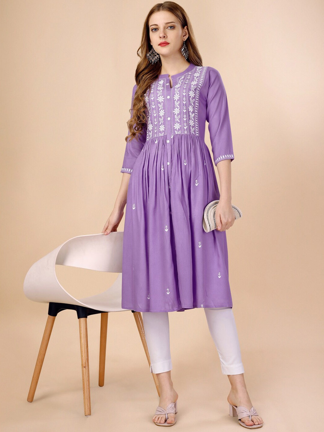 

GOROLY Ethnic Motifs Printed Thread Work Kurta, Violet