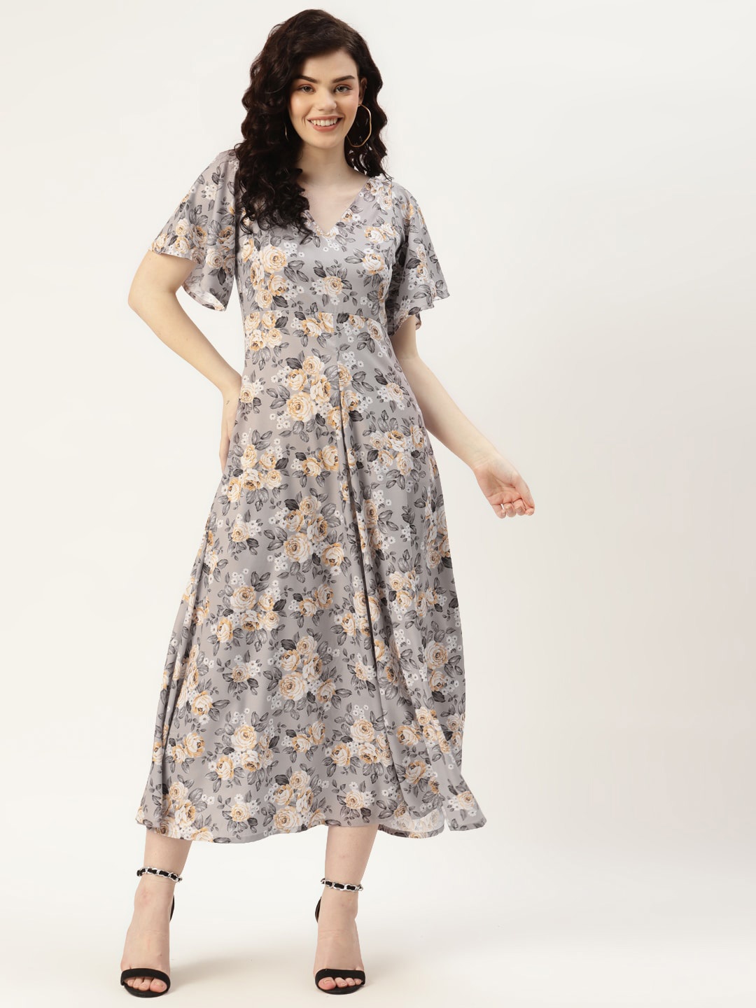 

SIRIKIT Floral Printed Flutter Sleeve A-Line Dress, Grey