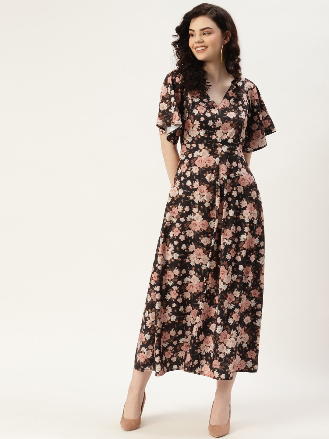 

SIRIKIT Floral Printed Flutter Sleeve A-Line Dress, Black