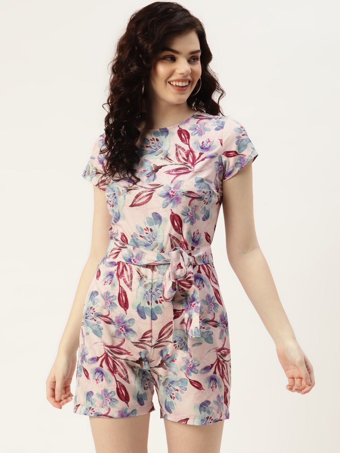 

SIRIKIT Floral Printed Round Neck Waist Tie Up Jumpsuit, Beige