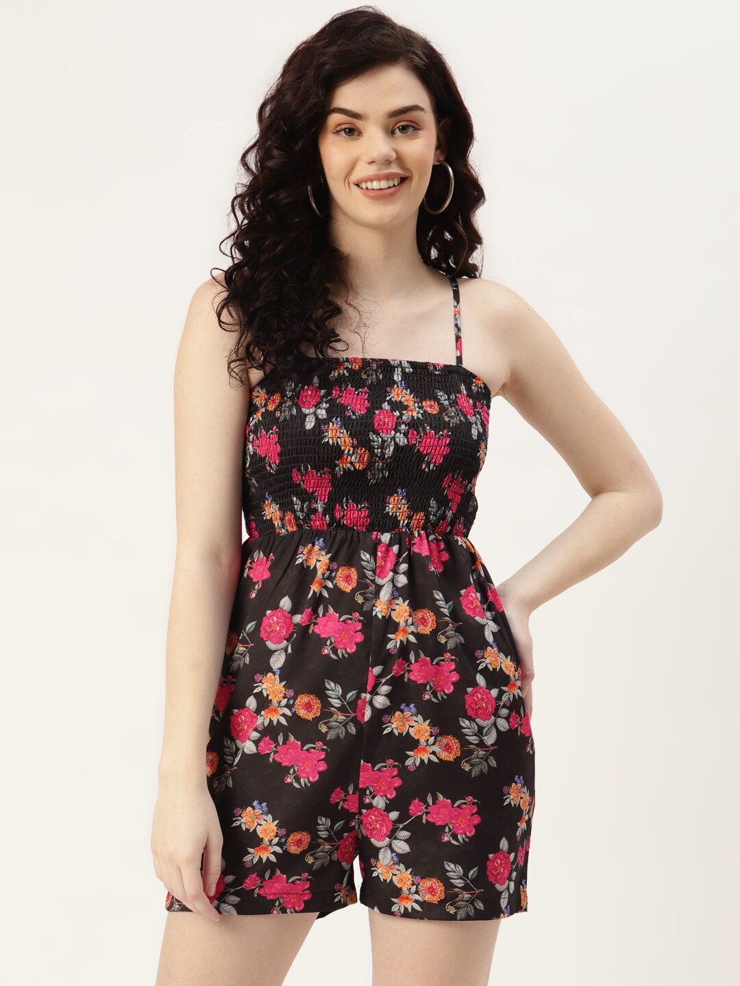 

SIRIKIT Floral Printed Shoulder Straps Smocked Playsuit, Black