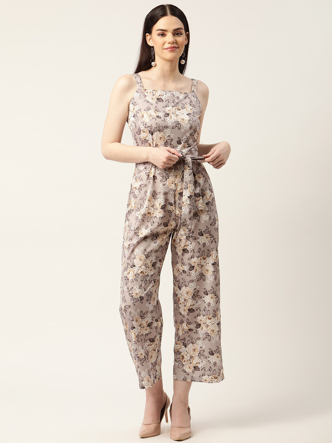

SIRIKIT Floral Printed Waist Tie Up Basic Jumpsuit, Grey