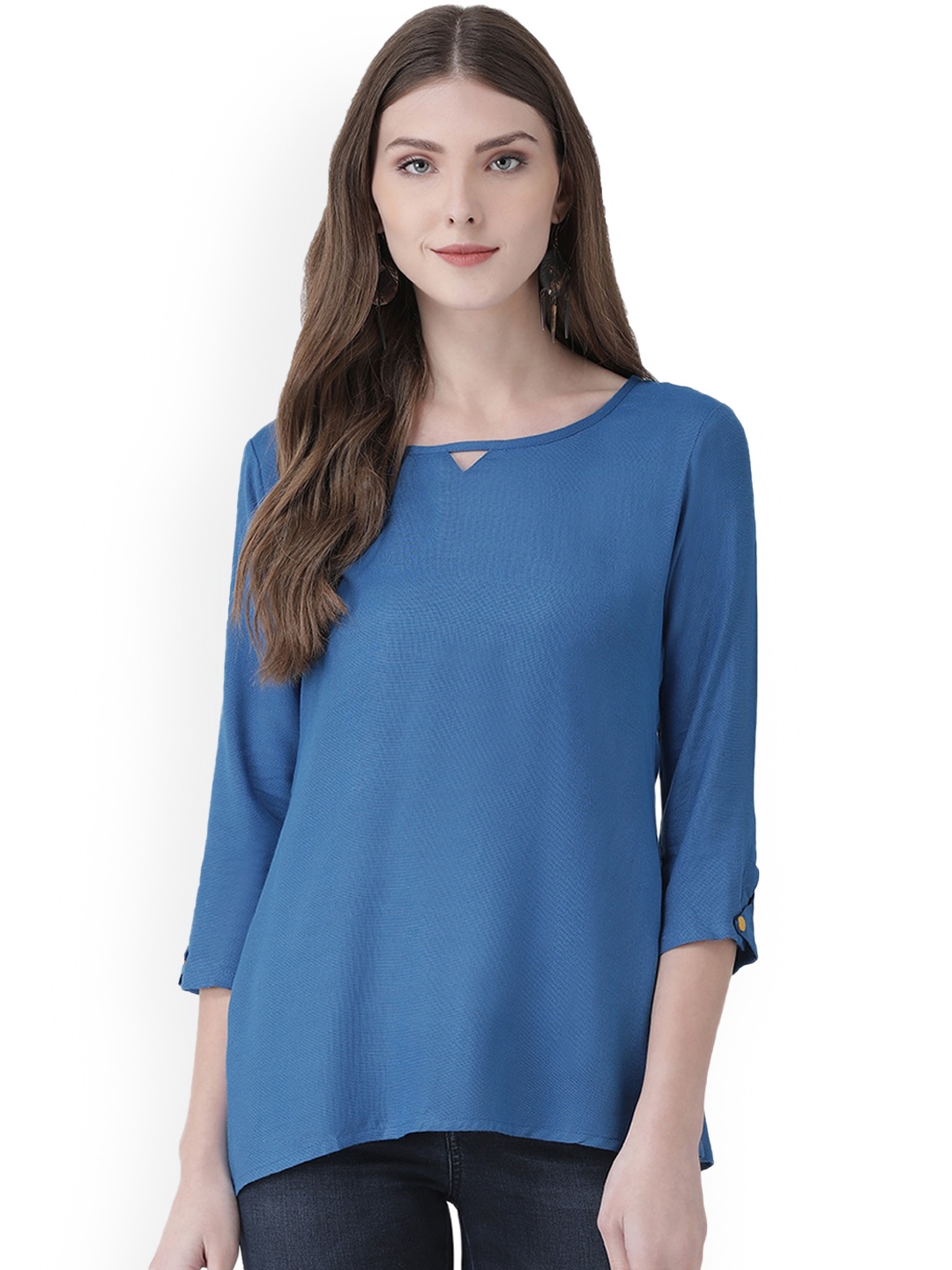 

Span Keyhole Neck Cotton Styled Back Top, Blue