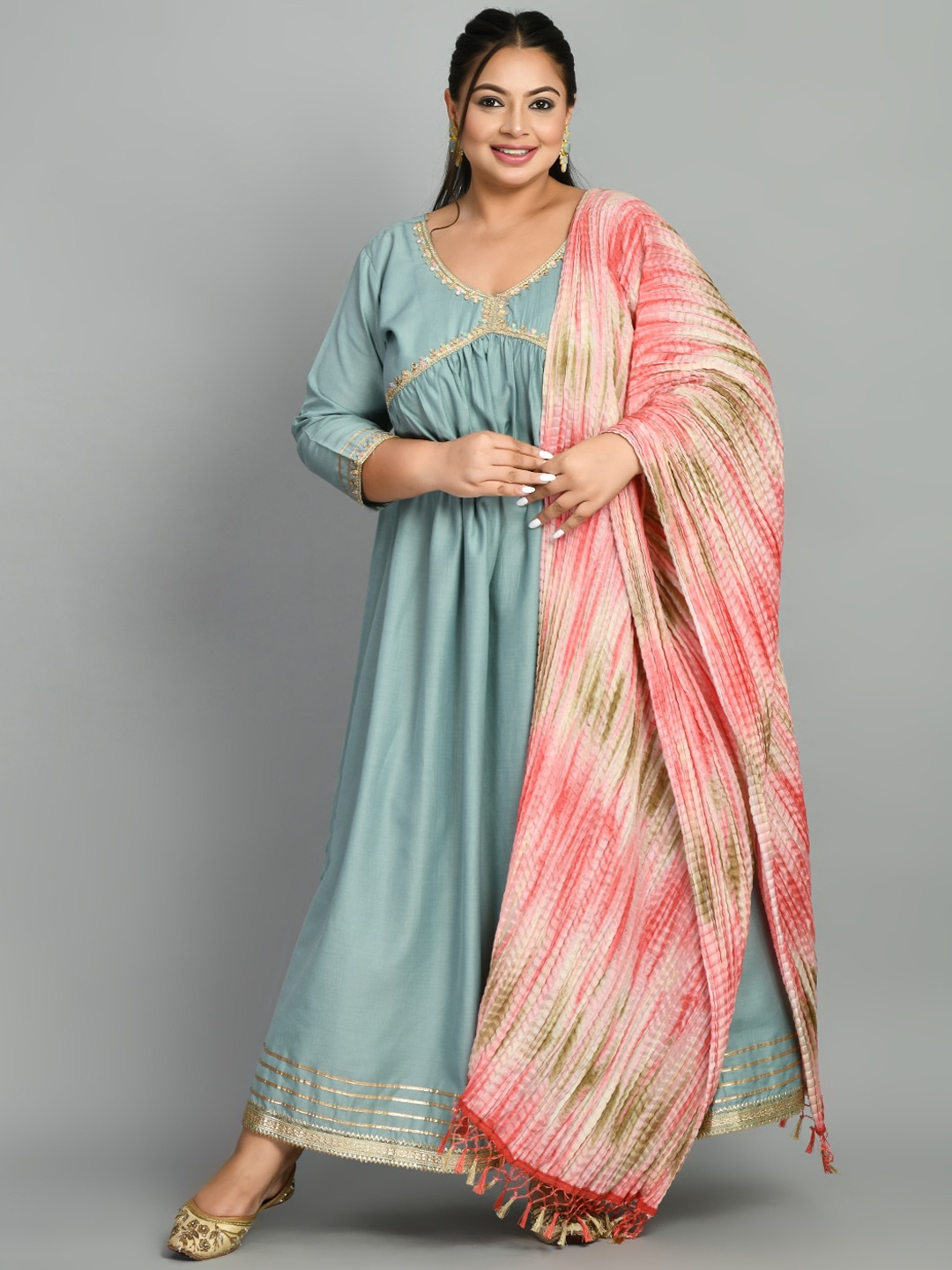 

PrettyPlus by Desinoor.com Plus Size Gotta Patti Anarkali Kurta, Sea green