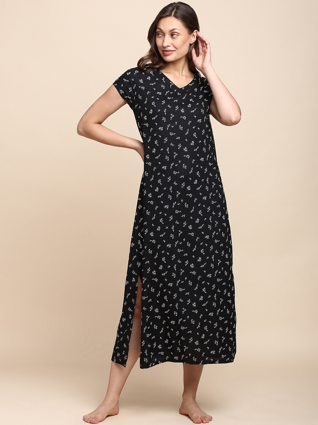 

Van Heusen Floral Printed V-Neck Midi Nightdress, Black