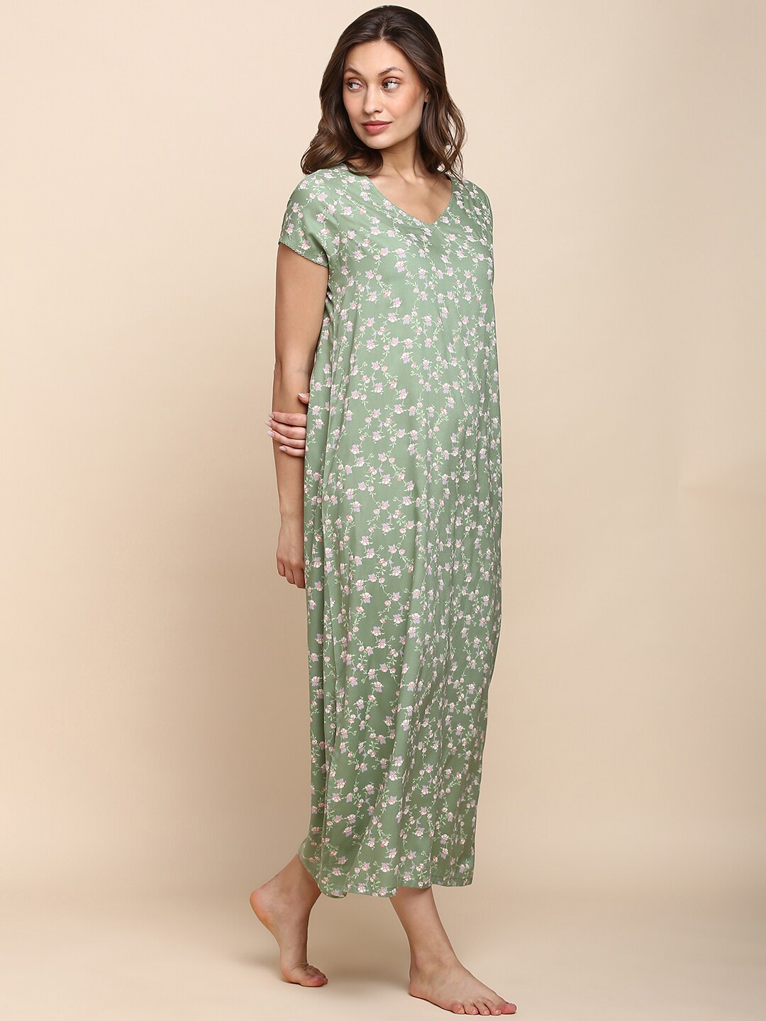 

Van Heusen Floral Printed V-Neck Midi Nightdress, Olive