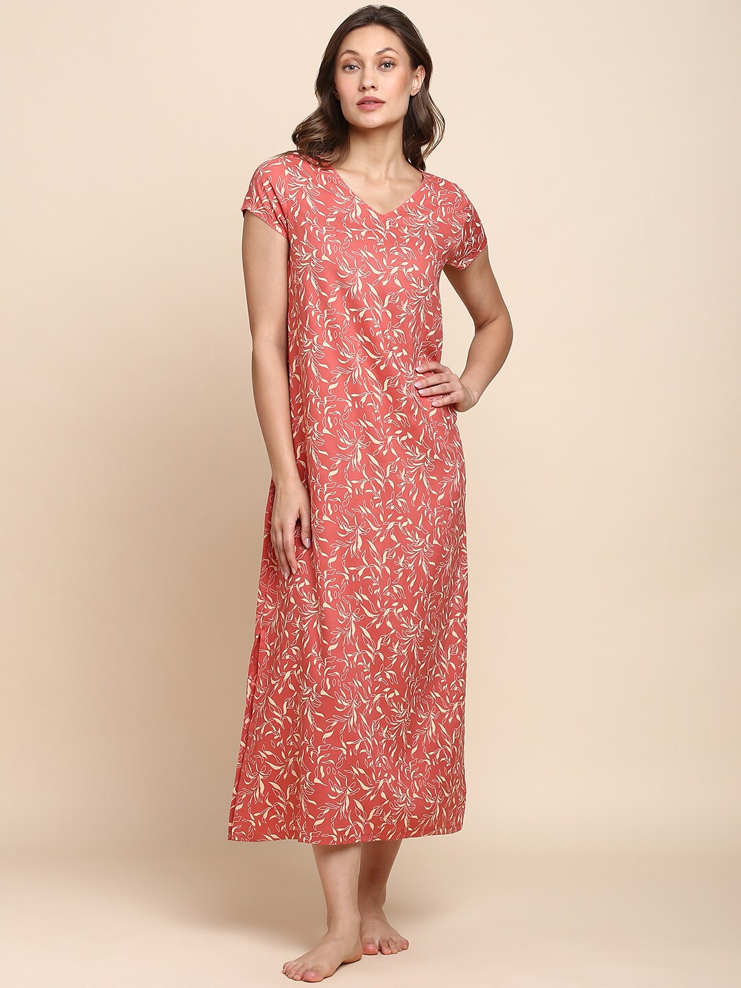 

Van Heusen Floral Printed V-Neck Midi Nightdress, Peach