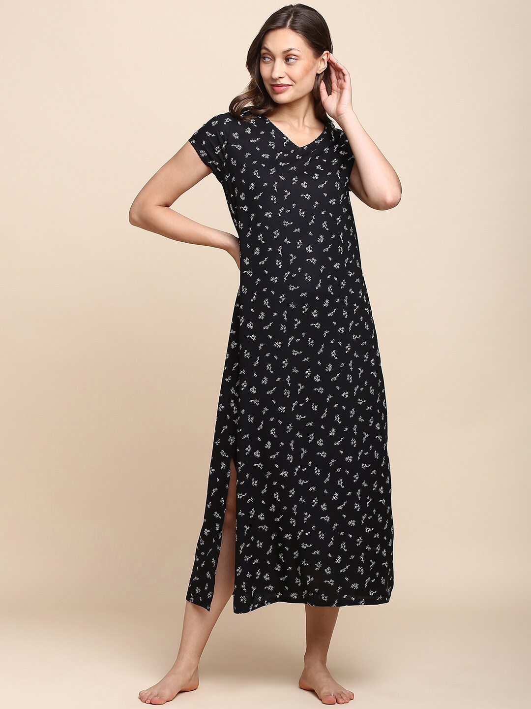 

Van Heusen Floral Printed V-Neck Midi Nightdress, Black