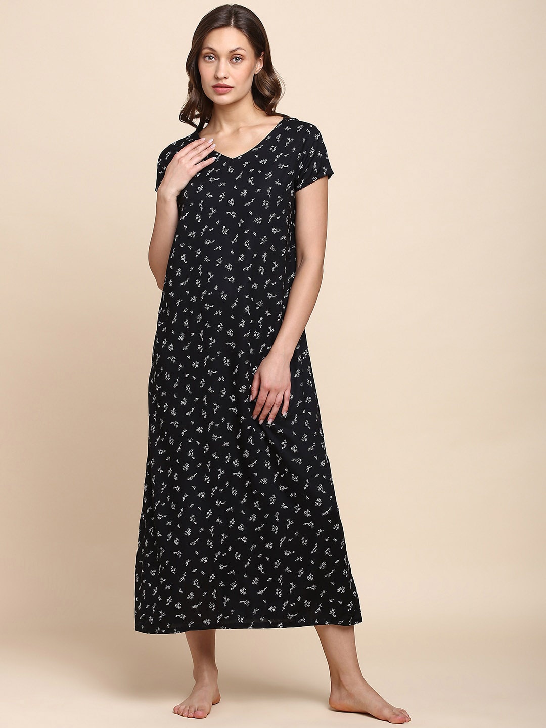 

Van Heusen Floral Printed V-Neck Midi Nightdress, Black