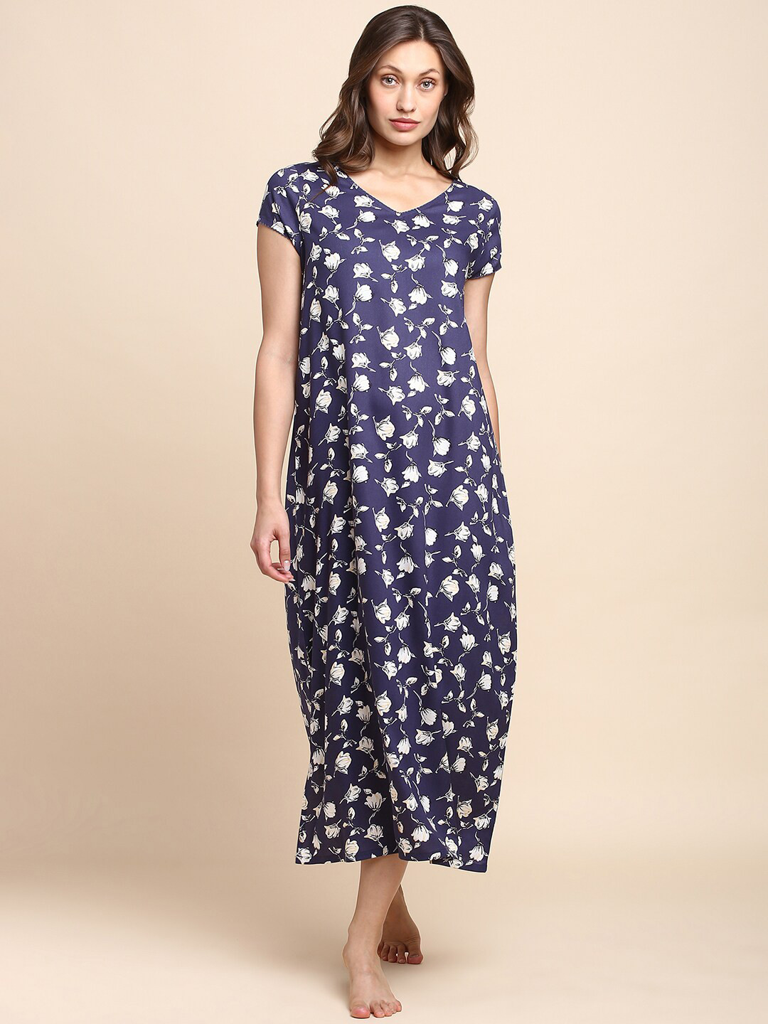 

Van Heusen Floral Printed V-Neck Midi Nightdress, Navy blue
