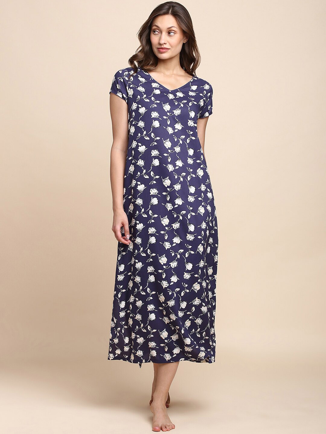 

Van Heusen Floral Printed V-Neck Midi Nightdress, Navy blue