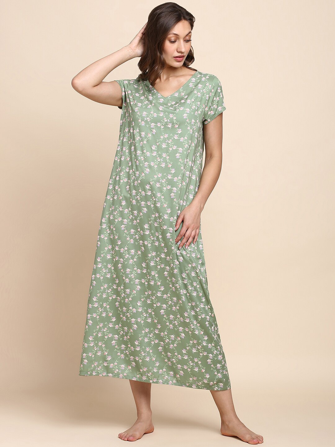 

Van Heusen Floral Printed V-Neck Midi Nightdress, Olive