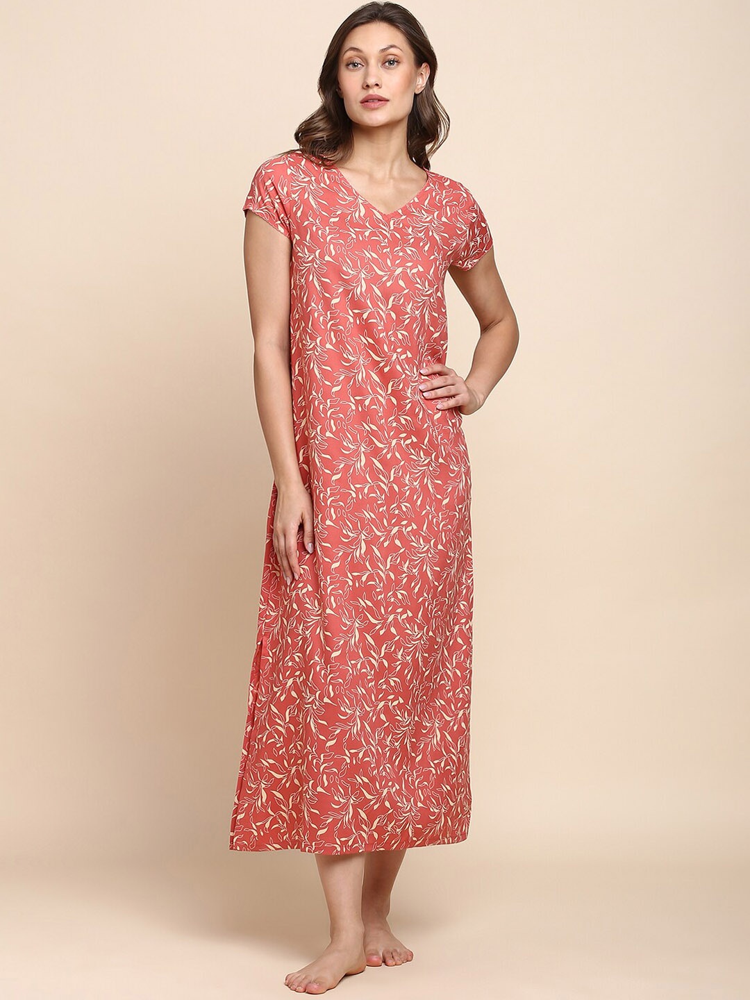 

Van Heusen Floral Printed V-Neck Midi Nightdress, Rust