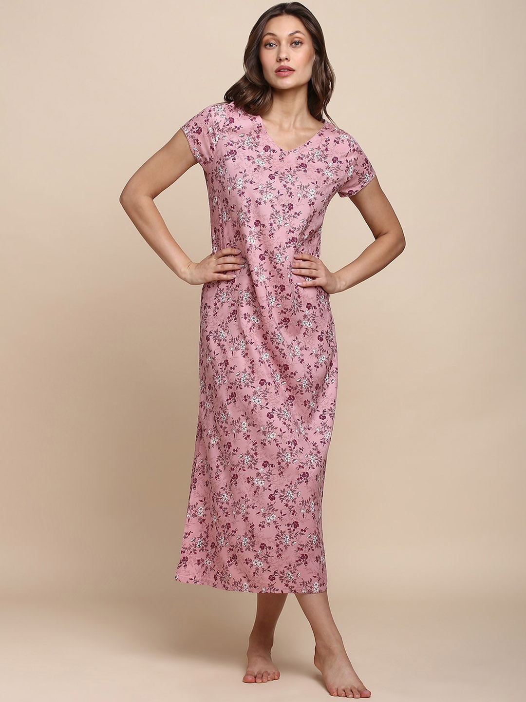 

Van Heusen Floral Printed V-Neck Midi Nightdress, Mauve