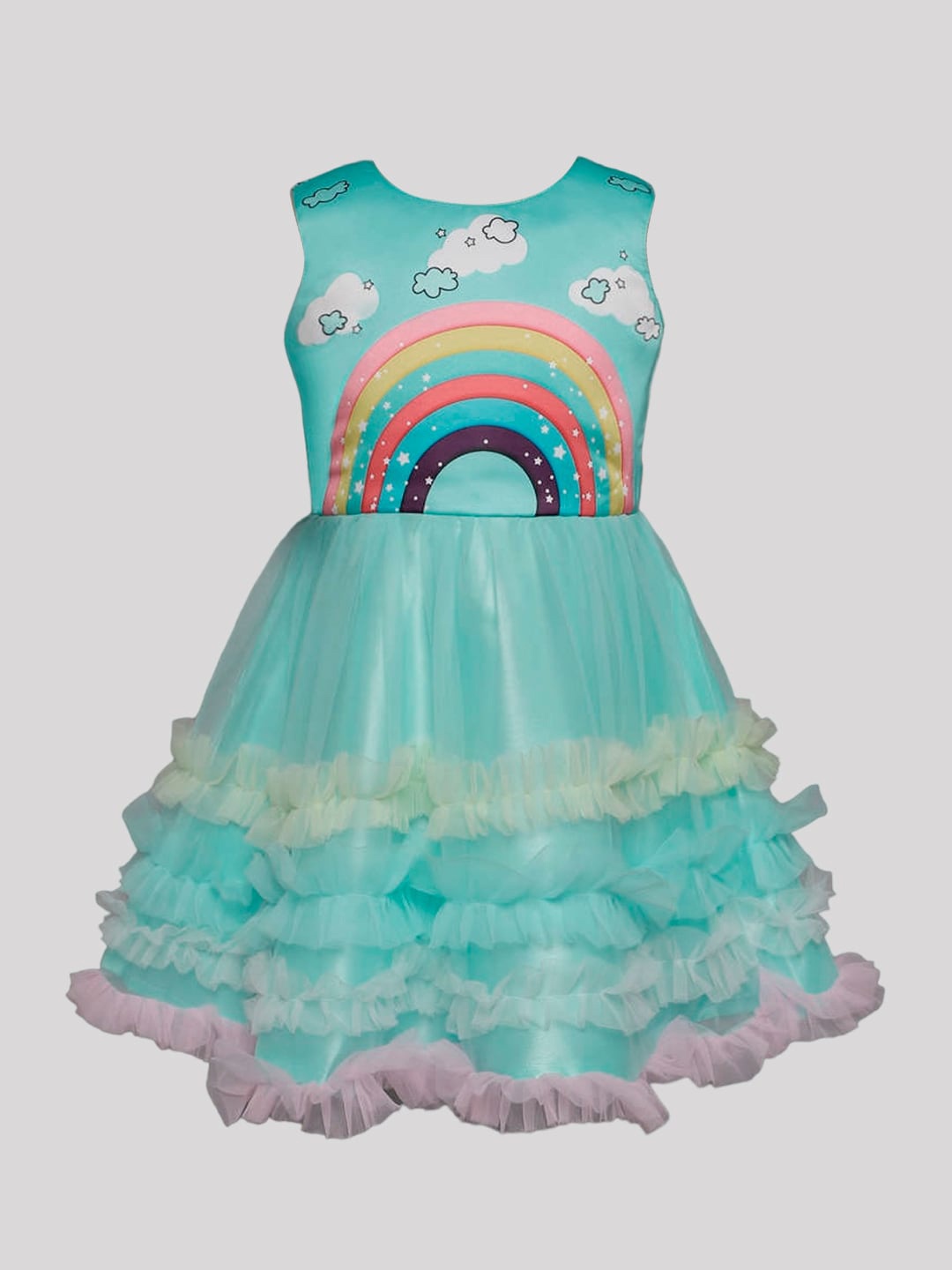 

The Magic Wand Girls Conversational Printed Sleeveless Ruffled Tiered Fit & Flare Dress, Blue