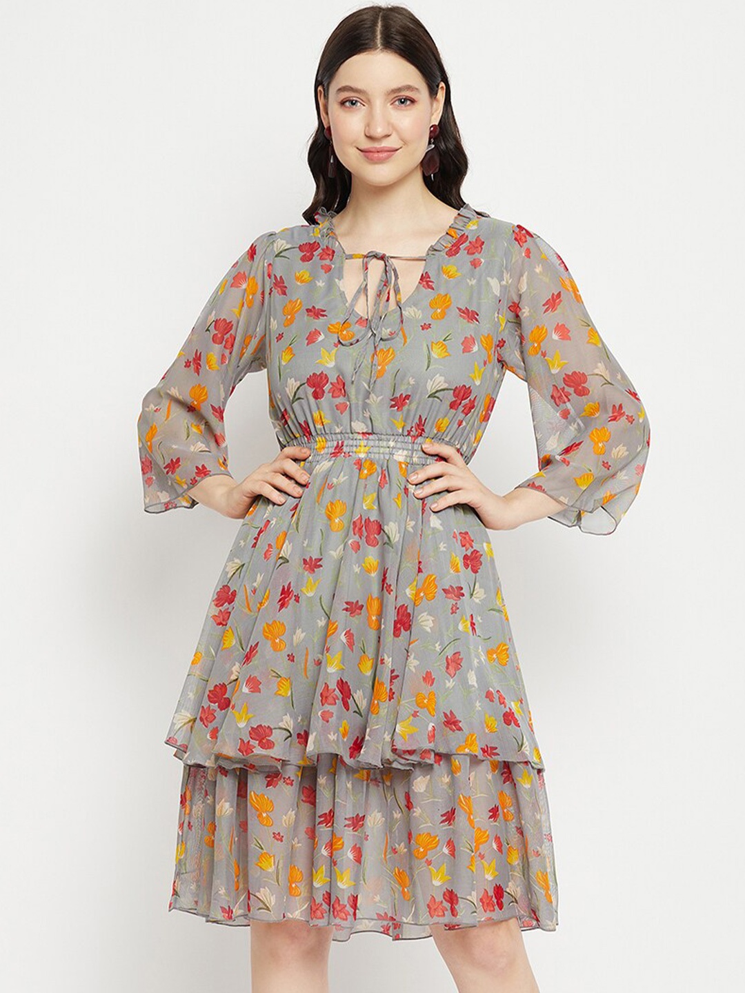 Bitterlime Floral Printed Tie-Up Neck Layered Fit & Flare Dress, Grey